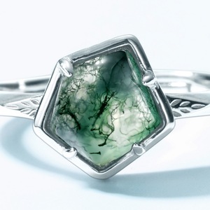 Anello di Fidanzamento Unisex Trendy in Agata Muschiata, Pietra Verde Irregolare, Placcatura in Oro Bianco, <span class=keywords><strong>Solitario</strong></span> per Matrimoni, Feste o Regalo - Product Image 2