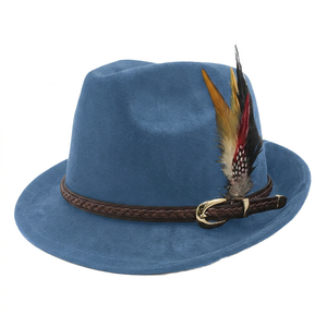 Linto Cap Premium Unisex Suede Fedora <b>Hat</b> | Classic Roll Short Brim Felt Jazz Cap with Belt <b>Feather</b> for Party & Casual Outdoor W - Product Image 3