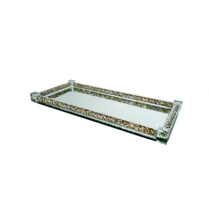 Glas Gold Crushed Diamond Mirror Tray Beliebte rechteckige Clear Stand Hotel Servier halter Kristallglas Spiegel Tablett für die Hochzeit