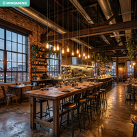Meubles de restaurant industriels sur mesure, table à manger longue en bois massif, tabouret de bar avec structure en métal, chaise de salle à manger avec siège en cuir pour café