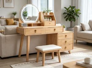 Premium Oak Combined Dressing Table Round <b>Mirror</b> Double Side Storage Cabinet Makeup <b>Vanity</b> Set With Cushioned Stool - Product Image 3