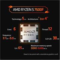 Processeur AMD 5 7500F de haute qualité, 6 cœurs/12 threads, 3,7 GHz en mode base, 5 GHz en mode boost, 5 nm, AM5 débloqué, DDR5, nouveau processeur en tray