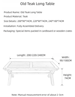 Table à manger rectangulaire en teck massif vintage de différentes tailles pour hôtel et villa, mobilier de maison