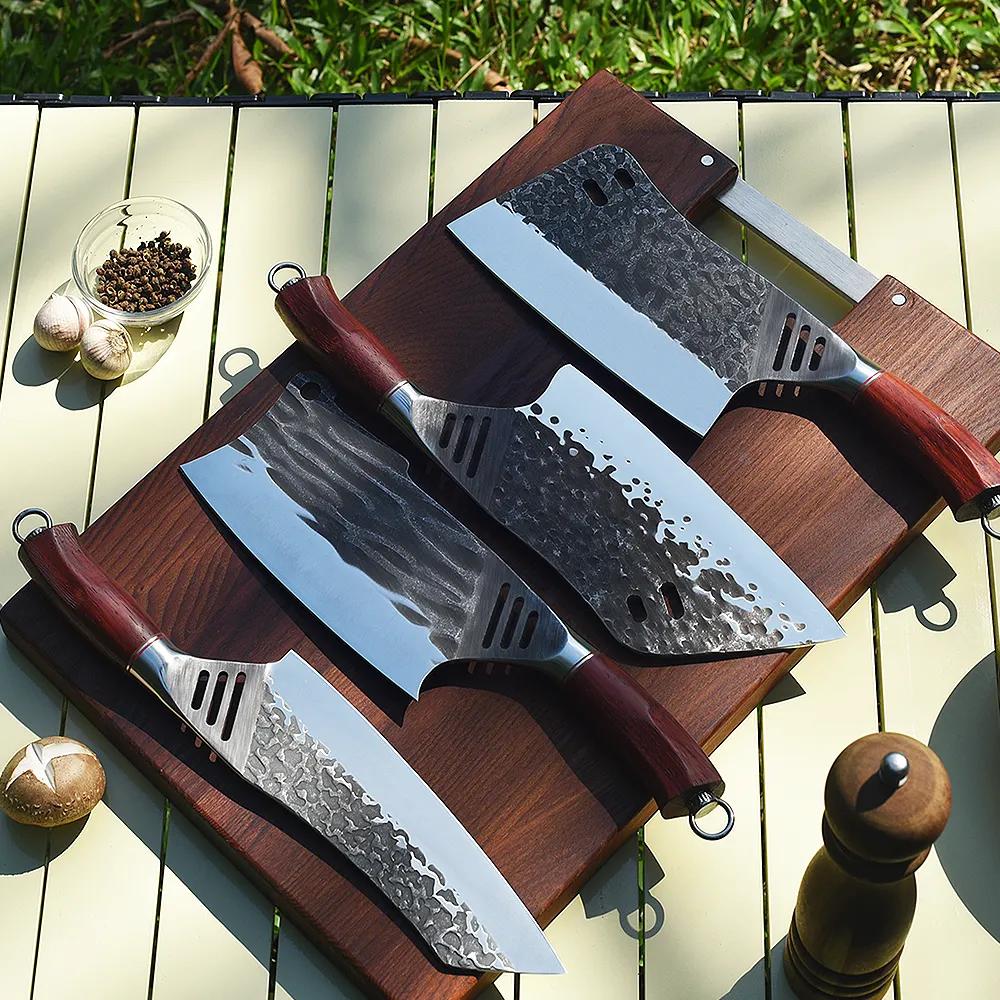 Multifunctional Full Tang High Carbon Stainless Steel Hammer Pattern Slaughter Boning Butcher Serbian Kitchen Chef Knife Set