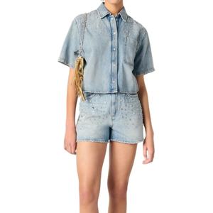 Nuevo Conjunto de Mujer de Alta Calidad: Camisa Vaquera con Botones y Top con Pedrería, Minishorts con Pedrería en Línea A, Lavado Desgastado - Product Image 2