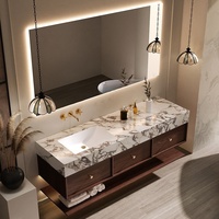 Meuble sous-vasque en céramique de pierre frittée avec miroir LED, design mid-century sans joint, fixation murale pour hôtel, villa, appartement, salle de bain