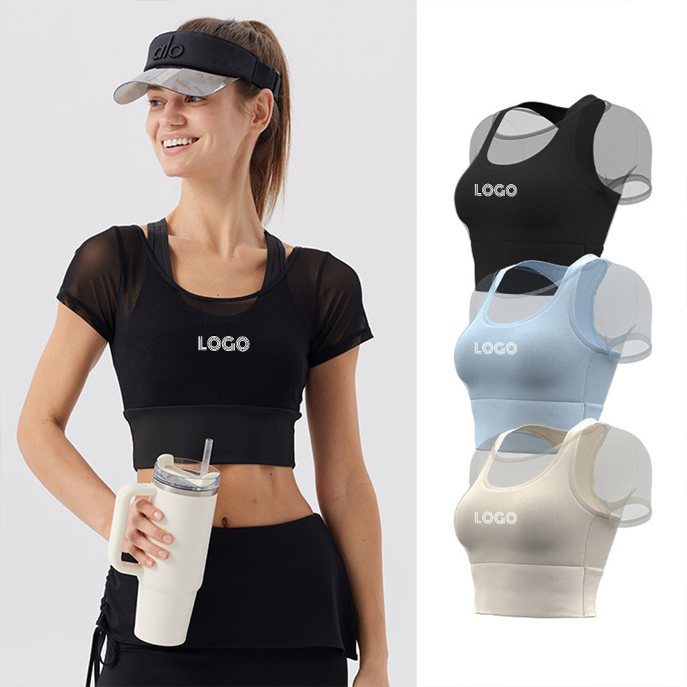 Customized Mesh 2 in 1 Yoga Tops Breathable Running Active Built-in Fixed Pads Slim Fit Cropped Short Sleeve T Shirt for Women