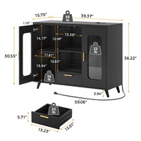 Meuble bar moderne en bois noir avec éclairage LED, prises électriques, portes à battants, rangement pour vin et café pour la maison
