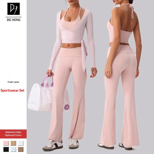 Set Sportivo da Donna <span class=keywords><strong>3</strong></span> Pezzi: Top con Logo Personalizzato, Reggiseno Sportivo e Pantaloni a Gamba Larga per Yoga e Allenamento - Product Image 5