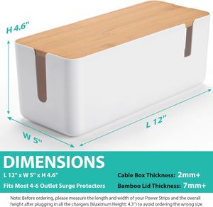 Cable Management <b>Box</b> with Bamboo Lid <b>White</b> Cable <b>Box</b> Small Cord Hider Organizer <b>Box</b> to Conceal Surge Protector Desk TV Wires - Product Image 3