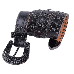 Ceinture Western noire ornée de strass, ceinture luxueuse en cuir PU façon alligator avec boucle épaisse pour <span class=keywords><strong>homme</strong></span> - Product Image 2