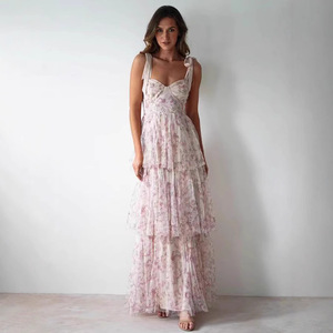Vestido de Noche con Estampado Floral para Mujer, Manga Larga, Escote Corazón, Cintura Imperio, Capa Transparente, Vestido Maxi - Product Image 1