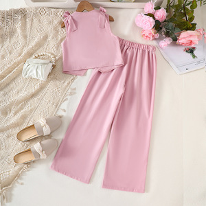 Ensemble <span class=keywords><strong>pantalon</strong></span> et haut décontracté d'été pour filles de 8 à <span class=keywords><strong>12</strong></span> <span class=keywords><strong>ans</strong></span>, couleur unie avec nœud, en polyester/coton respirant - Product Image 2