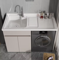 Meuble de buanderie moderne en aluminium alvéolé sur pied pour balcon avec machine à laver intégrée, évier et planche à laver