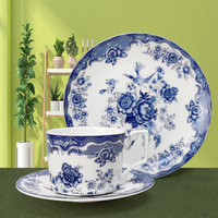 Set Peralatan Makan Keramik Motif Tanaman Gaya Retro Cina, Dekoratif Biru, untuk Hotel, Piring Makan, Mangkuk, dan Cangkir Kopi