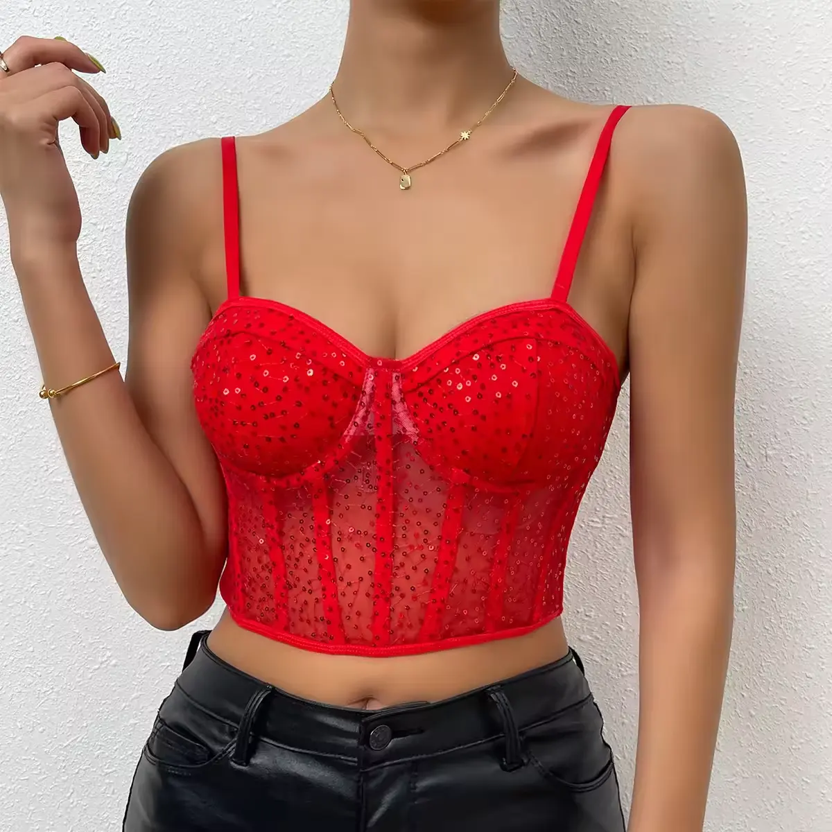 Low MOQ Sexy Slim fit sequin corsage vest Diamond Street Perspective sling Corset Fishbone Lace Up Manufacturer Tube Top