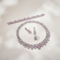 Parure de bijoux 4 pièces en laiton haut de gamme avec zircon coloré, collier, boucles d'oreilles, bagues et bracelets, pour mariée, idéale pour banquets, éblouissante