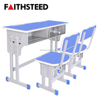 Ensemble de bureau et chaise scolaire double en acier robuste, réglable en hauteur, bureau d'étudiant 2 places avec boîte de rangement