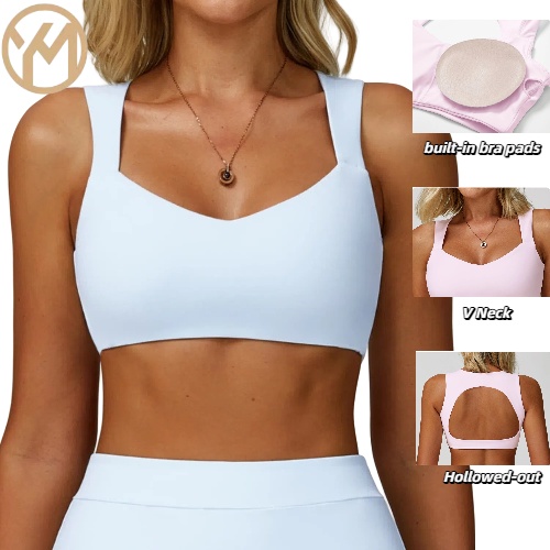 Yimo Women Nude Feeling V Neck Gather Yoga Tops Lady Double Shoulder Strap Sport Vests Female Hollowed Beauty Back Running Tops