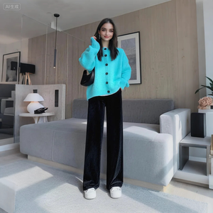 Pantalones de pierna ancha recortados de pana, pantalones <span class=keywords><strong>Culotte</strong></span> de cintura elástica para mujer, pantalones de pierna ancha brillantes de <span class=keywords><strong>terciopelo</strong></span> Sexy, ropa de discoteca con bolsillos - Product Image 1