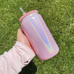 16Oz Blank Sublimation Rainbow Shimmer Glitter Clear Sparkling Coffee Cup <b>Beer</b> Can Shaped Glass With Rhinestone Lid - Product Image 3