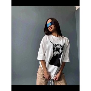 Nouveau T-shirt d'été 2026 pour femme, style européen, 100 % coton, manches courtes, longueur mi-longue, imprimé chiot amusant, polyvalent, <span class=keywords><strong>chic</strong></span> pour le quotidien - Product Image 2