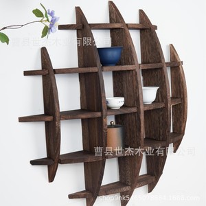 Étagère murale en bois de style chinois à 5 niveaux, support de rangement pour thé en bois massif, rectangulaire, multifonctionnel - Product Image 3