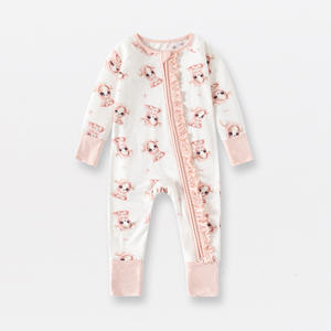 رومبر بناتي للأطفال حديثي الولادة من ألياف الخيزران، ملابس نوم خفيفة بأكمام منفوخة لفصل الخريف، مزين بزهور وردية وسحاب وكشكشة - Product Image 5