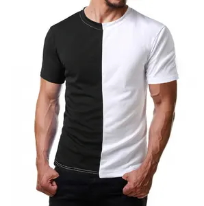 T-shirt en coton à moitié blanc pour hommes Deux blocs de couleurs Demi noir pour hommes Taille personnalisée T-shirts imprimés vintage