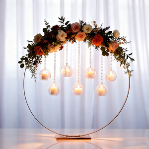 LANJO Round <b>Backdrop</b> <b>Stand</b> Golden Circle Wedding Arch Frame <b>with</b> Crystal Beaded Hanging Tealight Candle Holders - Product Image 1