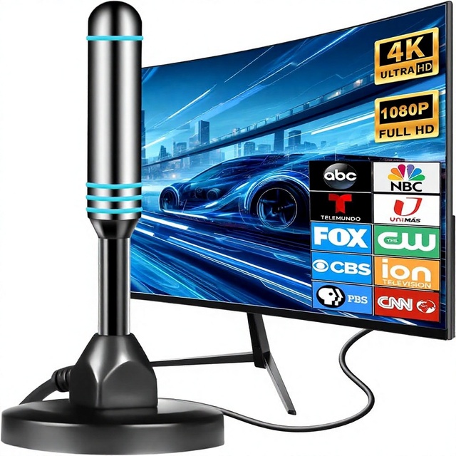 Smart TV Indoor Antenna with -165ft Cable | Supports 4K/1080P 360 Long Range Magnetic Base & Easy Installation (Blue)