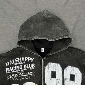 Sweat à capuche de haute qualité pour hommes surdimensionné personnalisé Boxy recadrée fermeture éclair lavé Vintage en détresse graphique strass techniques - Product Image 6