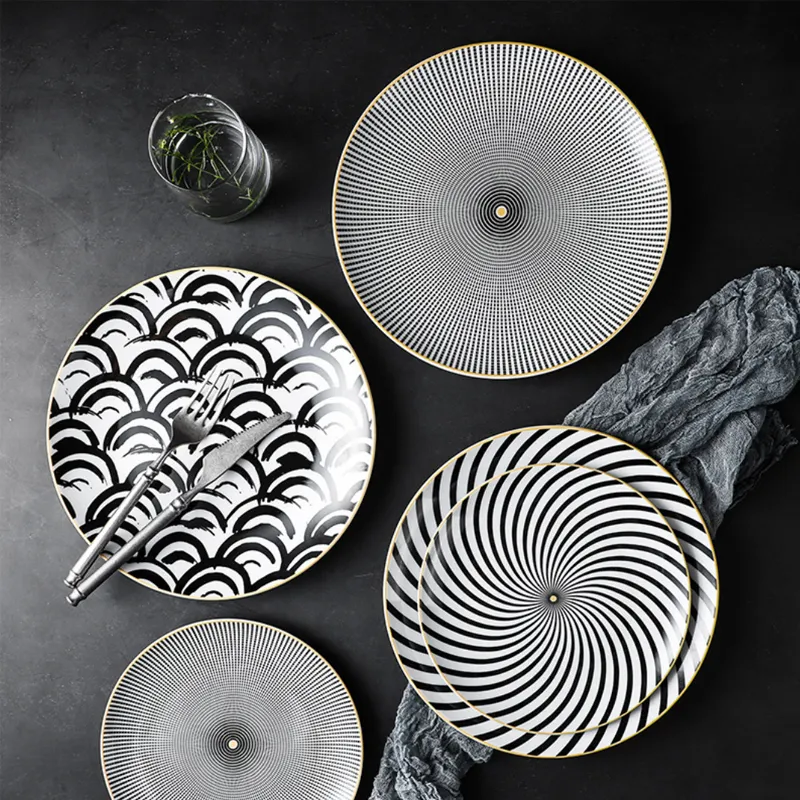 Wholesale 8" Nordic Creative Western Pasta Stripe Dessert Ceramic Printed Plate