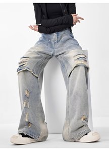 Jeans Huanqiu de Estilo Retro para <span class=keywords><strong>Hombre</strong></span> y Mujer, Corte Recto y Holgado, con Rasgaduras - Product Image 6