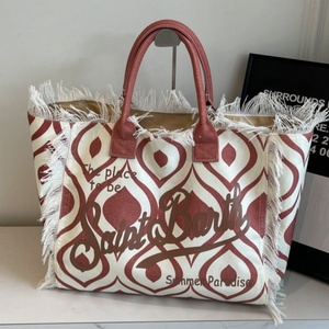 Summer Fashion Macrame Canvas Tote Handbag <b>Large</b> Capacity Print Logo Vacation Leisure <b>Beach</b> Travel Shoulder <b>Bag</b> with Tassels - Product Image 4
