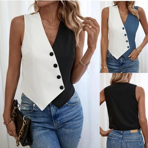 Chaleco de traje sin mangas con cuello en V y patchwork para mujer, a la moda - Product Image 3