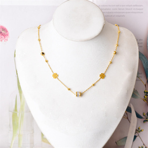 Cuentas de la suerte de moda, cadena de clavícula de circón, cuentas redondas, collar de trébol corto de frijol dorado, conjunto de pulsera de hoja de Ginkgo de acero inoxidable - Product Image 3