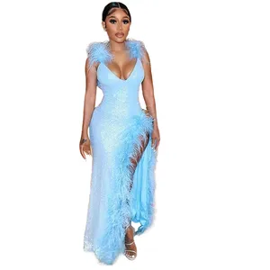 Thời Trang Phụ Nữ Quần Áo Cộng Với Kích Thước Xxxl Feather Shoulder Khâu Sequins Sexy Không Thường Xuyên Slit Cocktail Evening Đảng Prom Dress