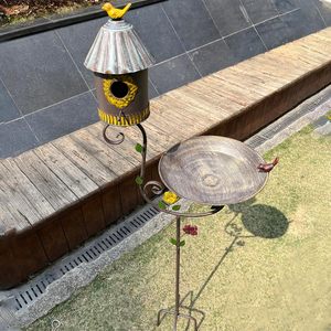 Venta al por mayor 56 "de altura al aire libre hierro pájaro baño pajarera poste Base jardín adornos pájaro alimentador Estaca de pie Birdbath pájaro casa - Product Image 3