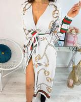 Dernières robes décontractées pour femmes col V sexy bandage fente haute manches longues imprimé grande taille tendance