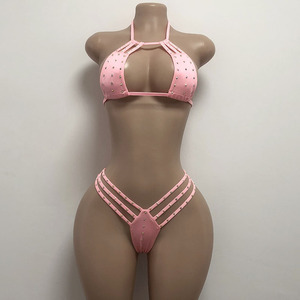 Tweedelig op maat gemaakt wit AB strass danspakje meisjes haltertop sexy string podium stripper outfit ballroom gemaakt van nylon - Product Image 3