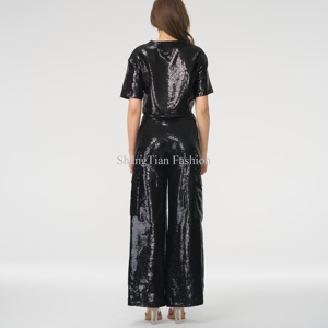 <span class=keywords><strong>Pantalon</strong></span> large à paillettes taille haute pour femmes de haute qualité <span class=keywords><strong>pantalon</strong></span> ample à paillettes noires - Product Image 3