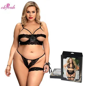 Set di giarrettiere Lingerie di pizzo nero in pelle con ferretto reggiseno push-up da donna Panty Set di perizoma Sexy confezione