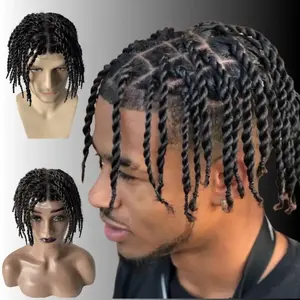 Soft n silky afro kinky twist crochet braids full pu hairpiece replacement topper indian remy human hair wigs for men topee