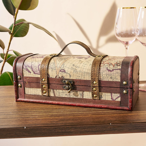 Boîte cadeau en <span class=keywords><strong>bois</strong></span> pour vin, design carte du monde, avec poignée et couvercle, style vintage, pour une <span class=keywords><strong>bouteille</strong></span>, avec ficelle – Offre spéciale - Product Image 1