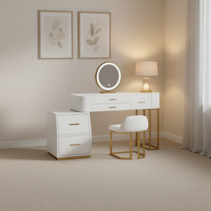 Toeletta moderna con specchio illuminato, finitura bianca e oro, con cassetti portaoggetti, mobile da camera da letto - Product Image 2