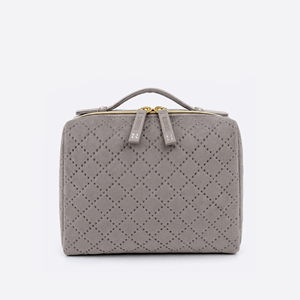 Grey Velvet Quilted Cosmetic <b>Case</b> with <b>Makeup</b> Brush Holders and Double Zippers for Women Travel Beauty Storage - Product Image 1
