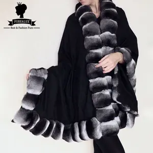 Mode Cape femmes hiver réel Rex lapin col en fourrure châle mince élégant Rex lapin fourrure cisaillement fourrure Long pardessus véritable manteaux