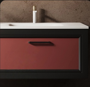 Original French retro rock slab integrated basin <b>oak</b> high-end wall mounted bathroom cabinet - Product Image 2