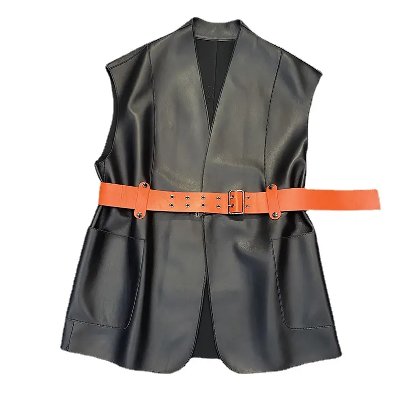 100% Genuine Leather Vest Women High Quality Sheepskin Contrast Color Belt Waist Closing Black/White Sleeveless Manteau Femme